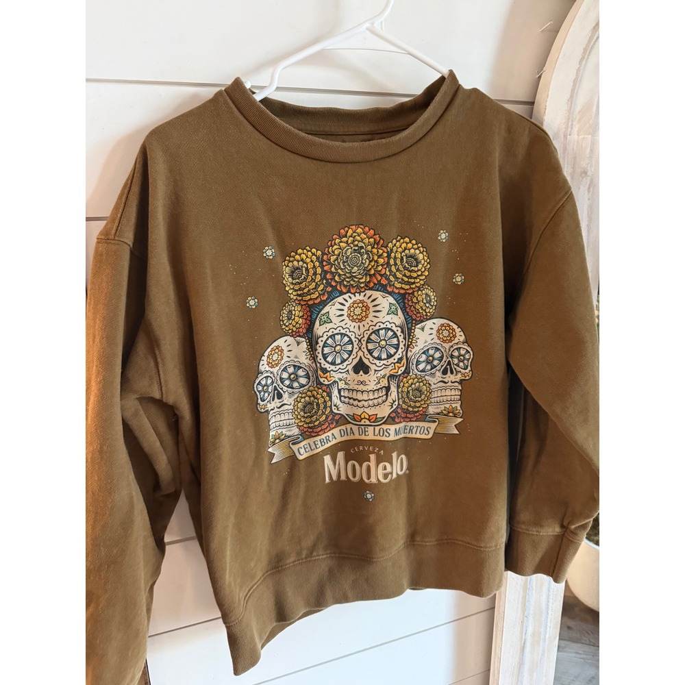 Lucky Brand‎ Modelo Dia de los Muertos Sugar Skull Sweatshirt Brown Womens XS